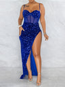 Sequins Mesh Patchwork See-through Evening Gown Suspenders Maxi Dresses