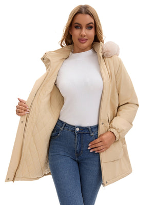 With Fur Collar Hooded For Warmth Drawstring Pocket Down Jacket