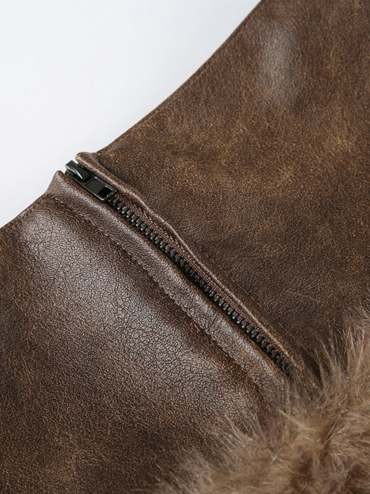 Furry Patchwork Zipper Leather Stitching Low-rise Skirts