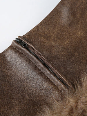 Furry Patchwork Zipper Leather Stitching Low-rise Skirts