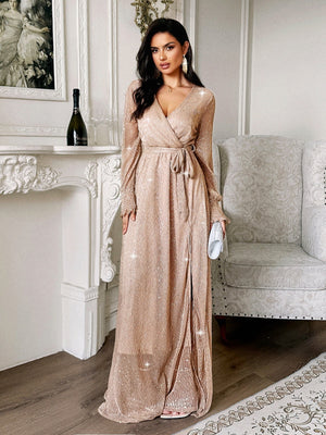 V-neck Waist-cinching Belt Sequins Sheer Lantern Sleeves Maxi Dresses