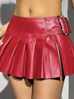 Leather Stitching Slit Pleated Skirts