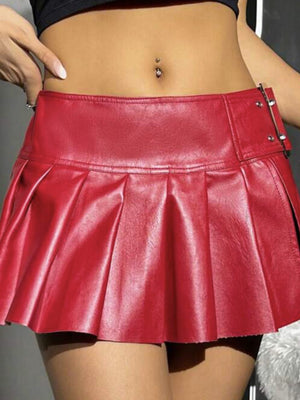 Leather Stitching Slit Pleated Skirts