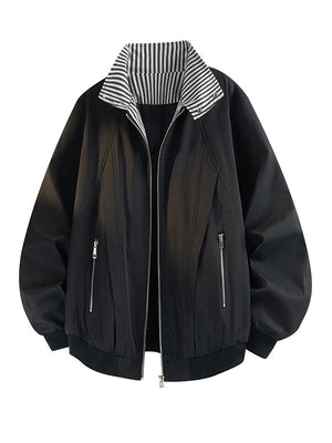 Contrasting Colors Stripes Stand Collar Tooling Loose Leisure Flight Jacket