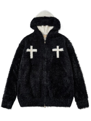 Retro Mohair Loose Zipper Hooded Cardigans