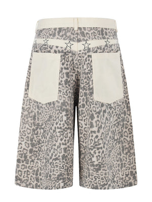 Retro Leopard Print Work Clothes Color-blocked Embroidery 7 Points Jeans