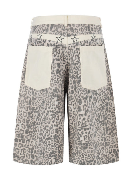Retro Leopard Print Work Clothes Color-blocked Embroidery 7 Points Jeans