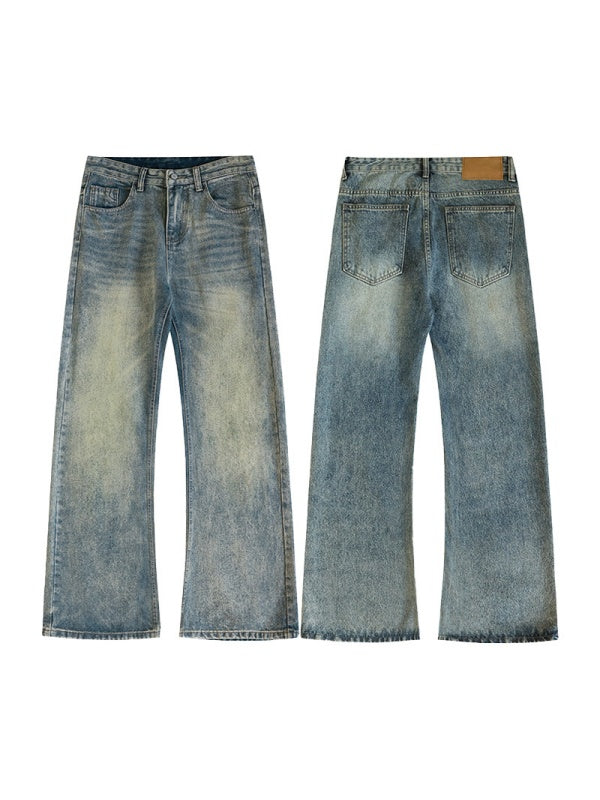 Retro Washing Cat Whisker Pattern Loose Slightly Flared Jeans