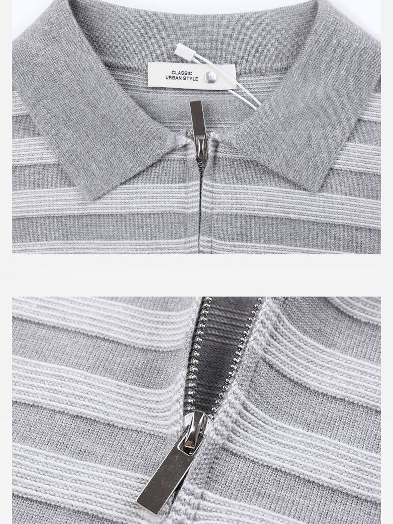 Old-Money Polo-Collar Striped Notch-Collar Knit Top,Gifts for Men