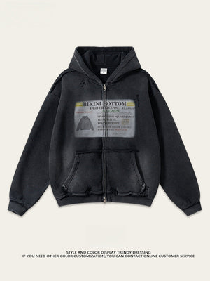 Distressed Washed Printed Hoodies Cardigan