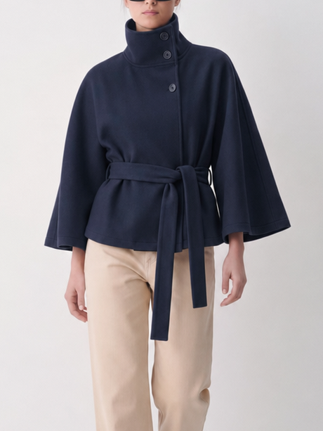 Stand Collar Large Sleeves Buttons Straps Solid Color Coats
