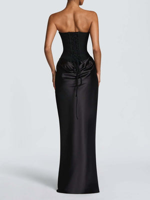 Satin Tie Ribbon Off-shoulder Sexy Strapless Bodycon Maxi Dress With Cinched Waist