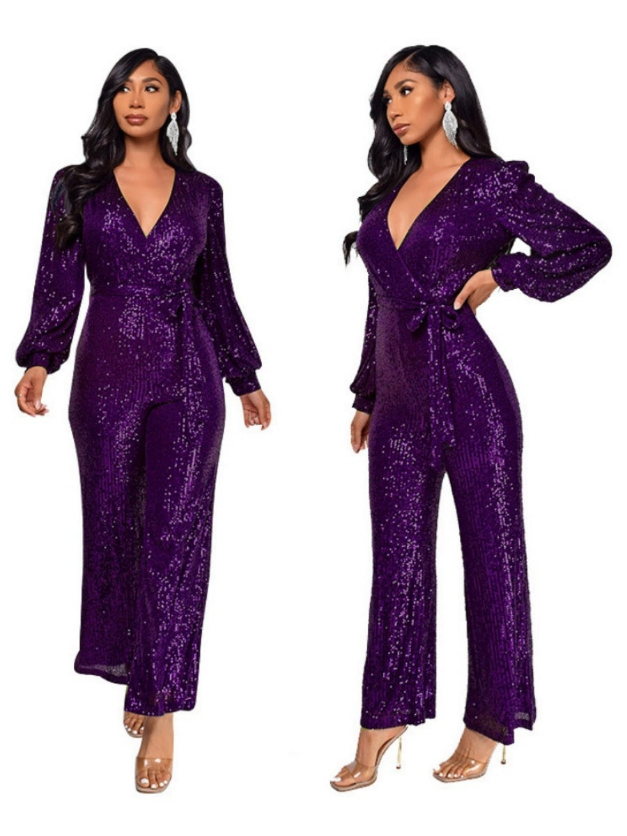 Deep V Long Sleeve Belt Sequins Jumpsuit