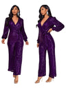 Deep V Long Sleeve Belt Sequins Jumpsuit