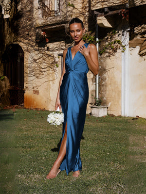 Satin Deep V Sleeveless Backless Long Dress