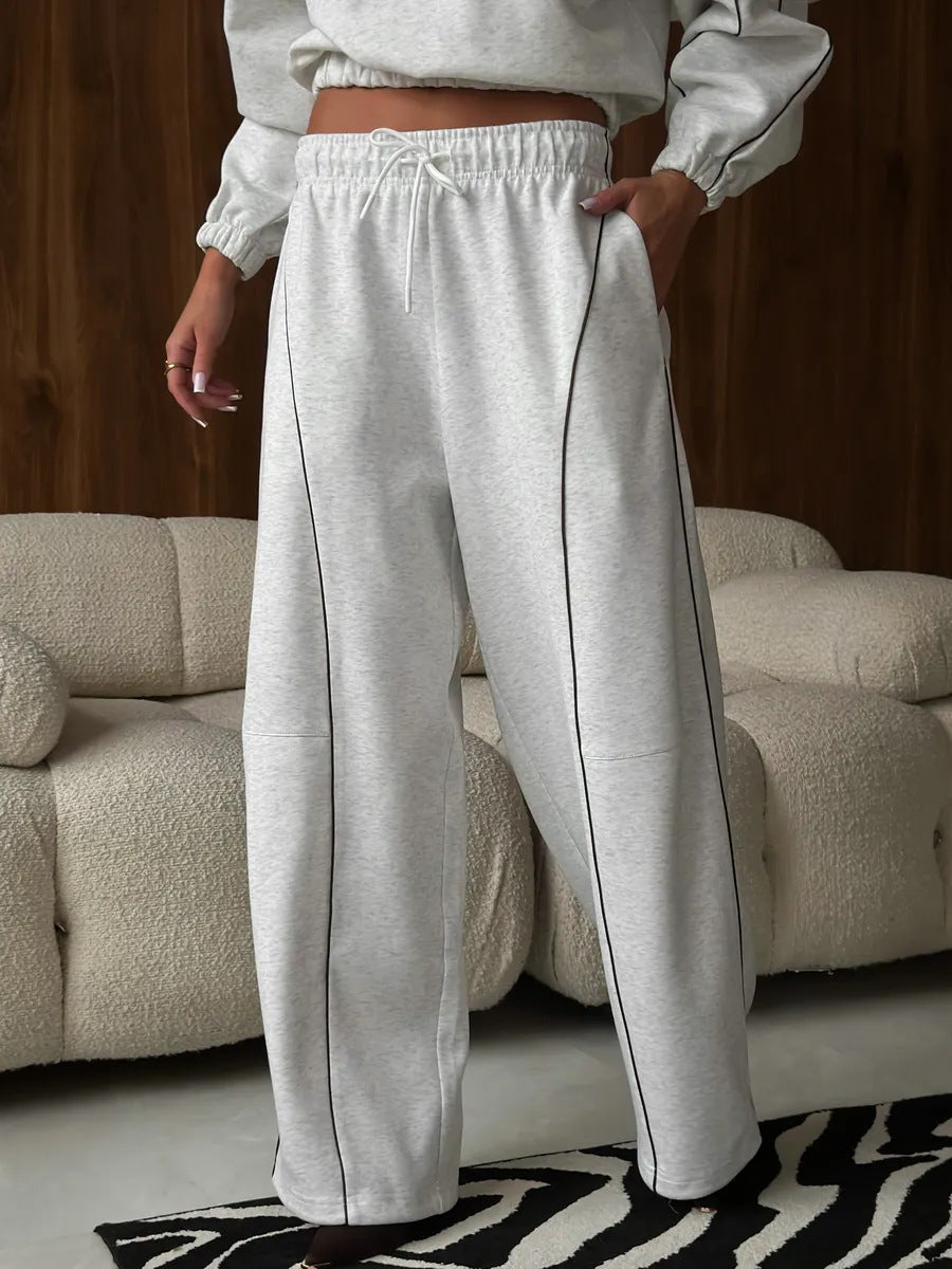 American Retro Color-blocked Striped Tracksuit For Women Two-piece Set: Collared Half-zip Sweatshirt And High-waisted Wide-leg Sweatpants