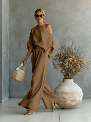 Loose-fit Off-shoulder Jacket Wide-leg Pants Set 2-piece Sets