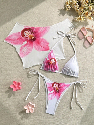 Finalized Floral Print Tie-up Bikini Three-piece Set