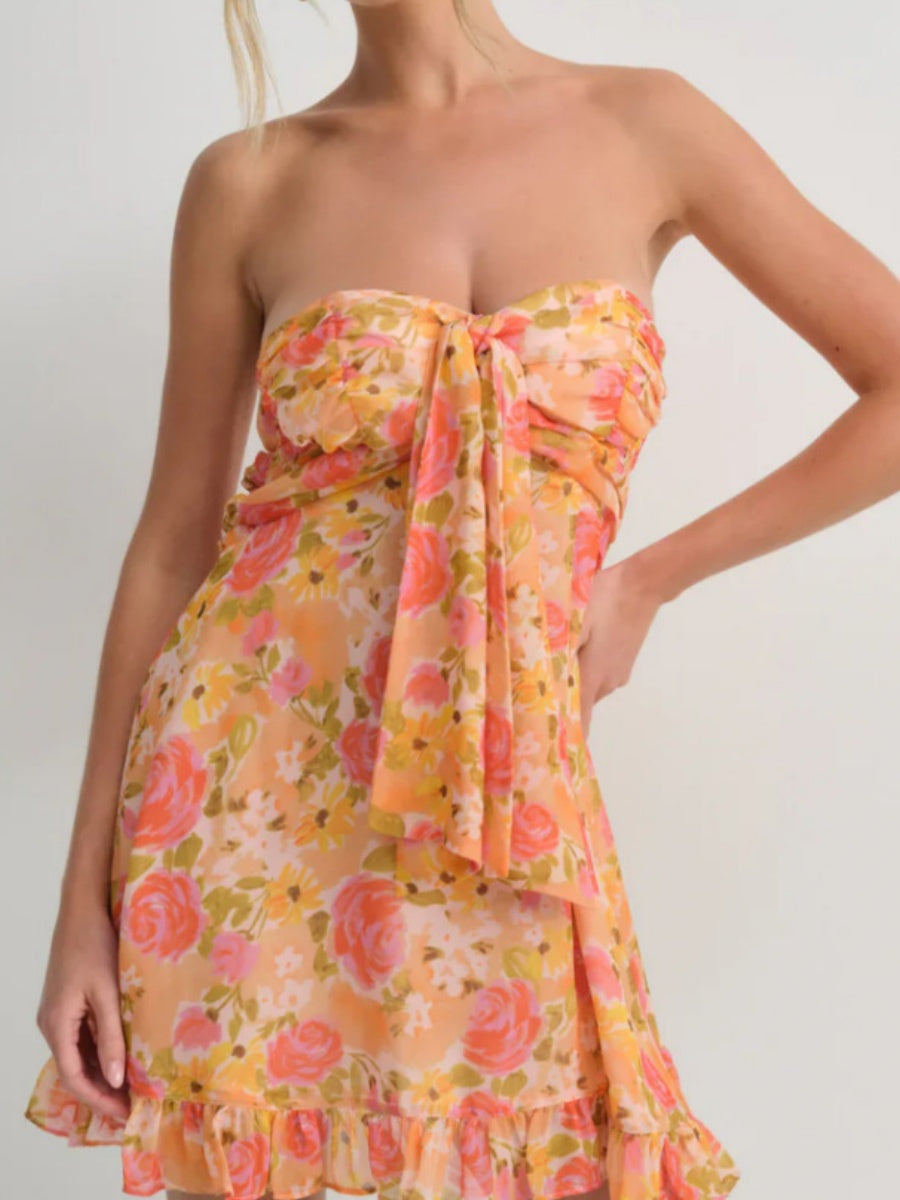 Backless Semi-transparent Floral Strapless A-line Mini Dress