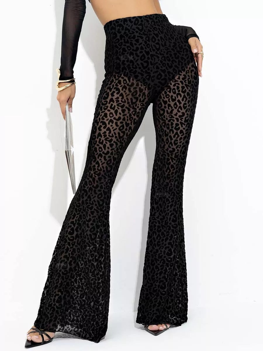 Perspective Mesh Flocked High-waisted Leg-lengthening Slightly Flared Casual Trousers