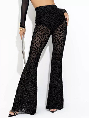 Perspective Mesh Flocked High-waisted Leg-lengthening Slightly Flared Casual Trousers