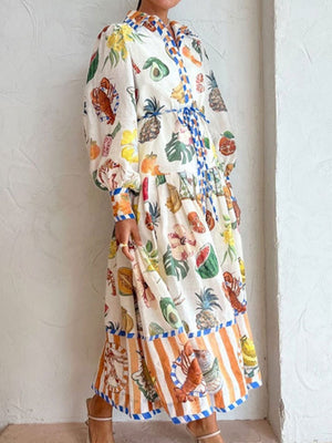 Botanical Floral Prints Balloon Sleeve Lapel Waist Long Sleeve Maxi Dresses