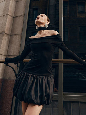 Liber Autumn Women's Off-shoulder Black and white color matching Long sleeve Mini&Short Dresses