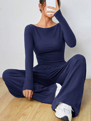 Pocket Solid Color Large Round Neck Long Sleeve Pants 2-piece Sets