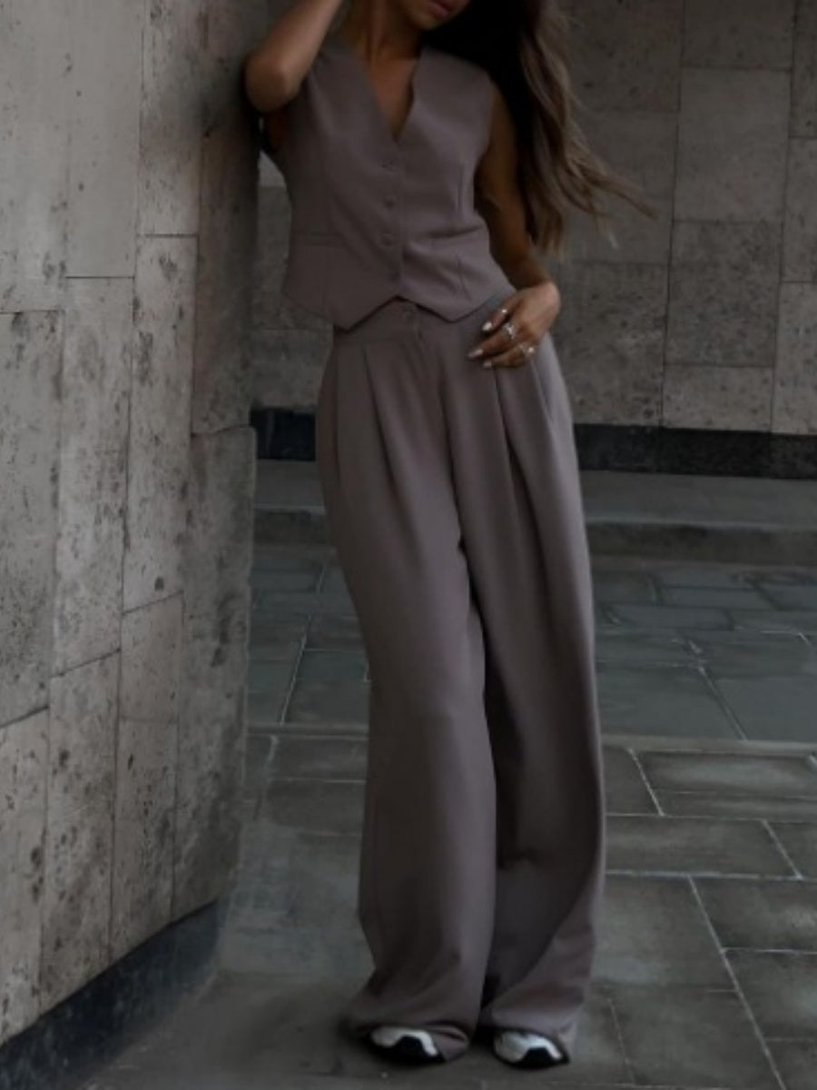 V-neck Sleeveless Vest, Flowy Wide-leg Trousers, Casual Style. 2-piece Sets