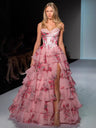 Floral Print Multi-Layer Herringbone Strapless Long Dress