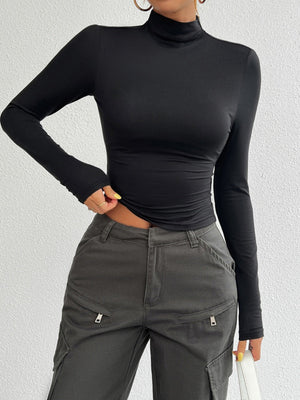 Simplicity Navel Solid Color Turtleneck Long Sleeve T-shirts