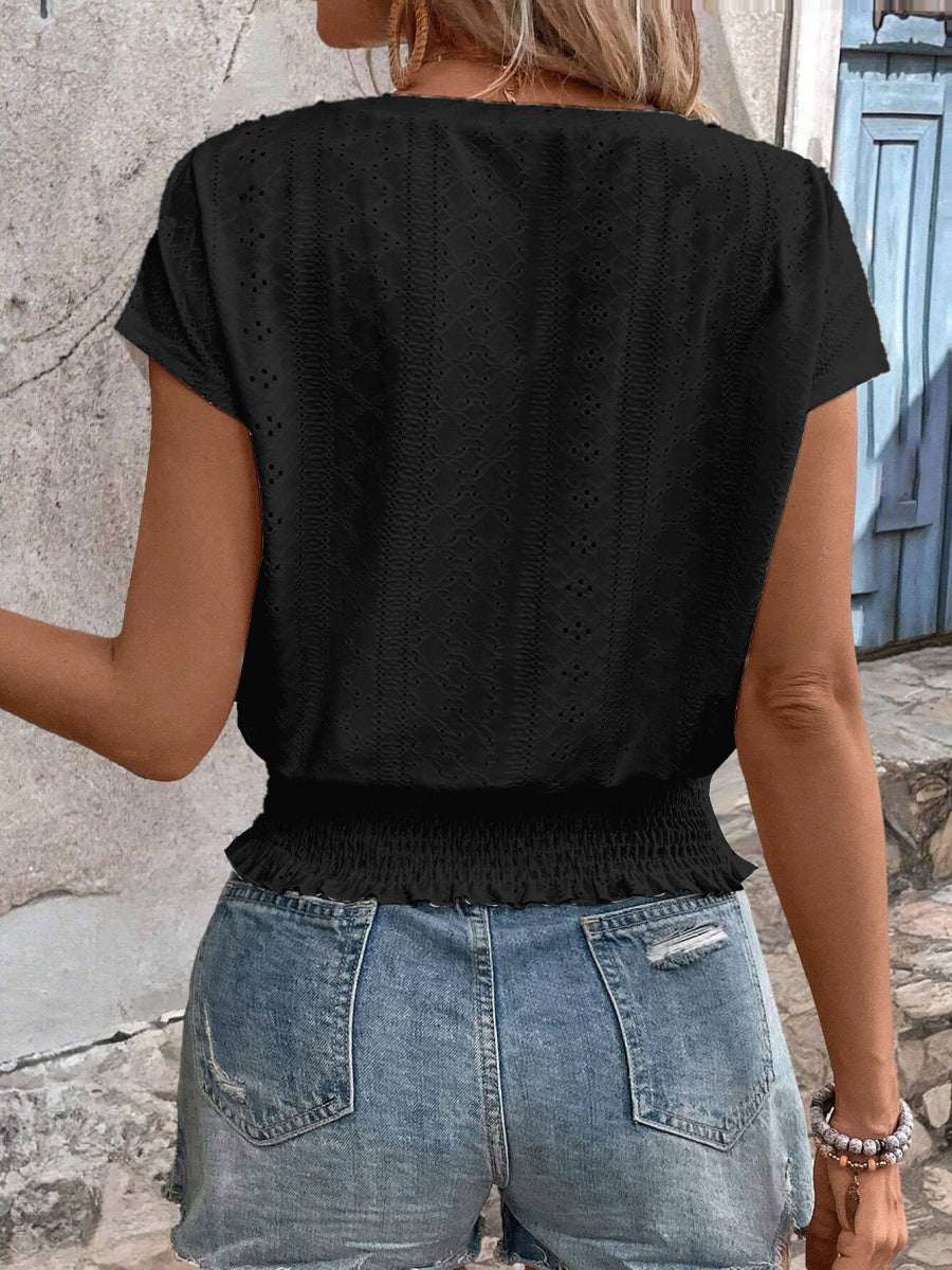 Round Neck Jacquard Hollowed-out Ruffled Short-sleeved T-shirt