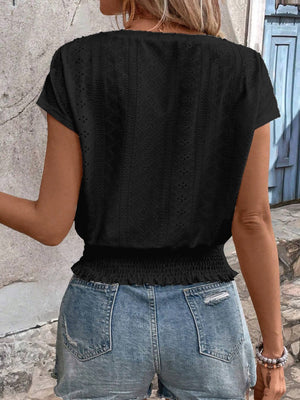 Round Neck Jacquard Hollowed-out Ruffled Short-sleeved T-shirt