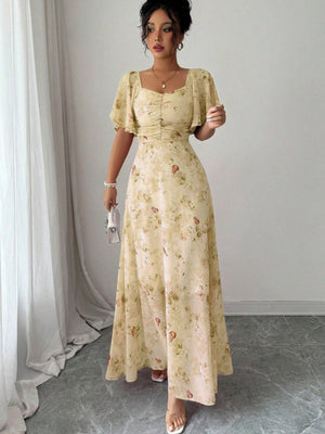 Floral Lotus Leaf Sleeves Sweetheart Collar Vacation And Leisure Maxi Dresses