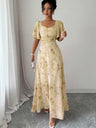 Floral Lotus Leaf Sleeves Sweetheart Collar Vacation And Leisure Maxi Dresses