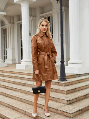 Slim Fit Mid-length Pocket With Belt Leather Jacket