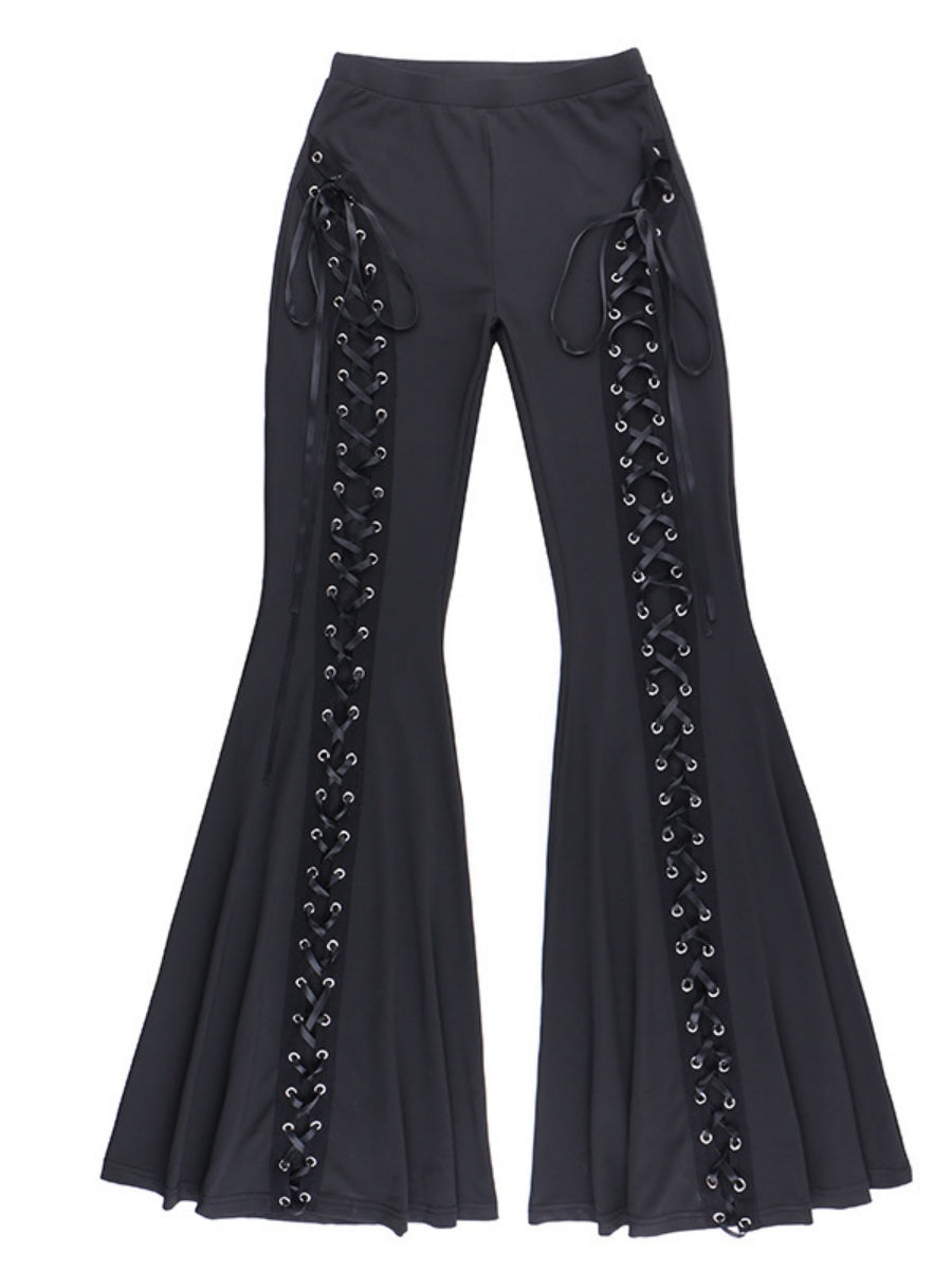 Metal Bandage Hollow Black Slightly Flared Pants