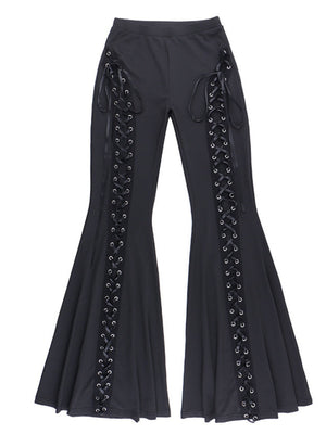 Metal Bandage Hollow Black Slightly Flared Pants
