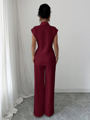 Lapel Sleeveless Kink Shirts Wide-leg Pants Business Suit 2-piece Sets