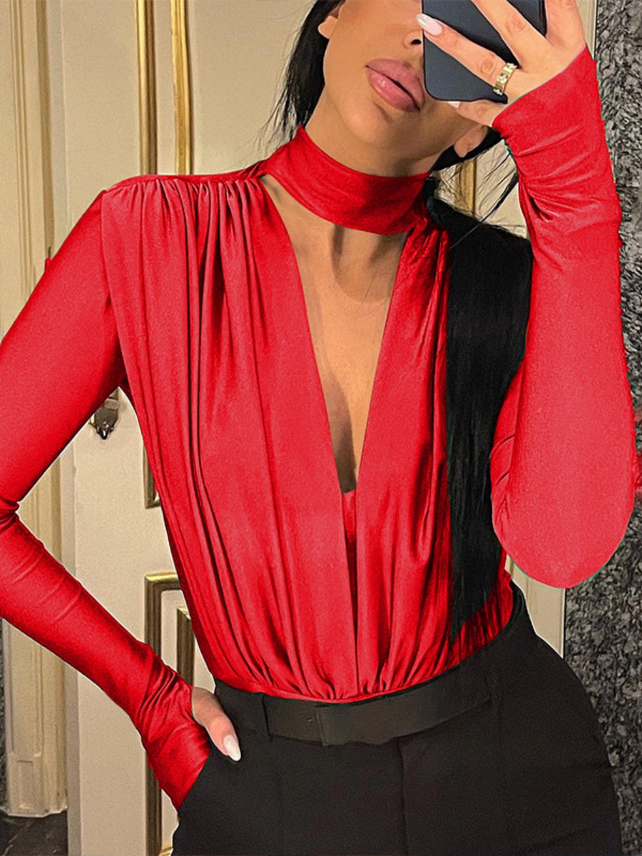 V-neck Slim Fit Pleated Decoration Base Layer Splicing Long-sleeved Bodysuit