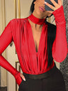 V-neck Slim Fit Pleated Decoration Base Layer Splicing Long-sleeved Bodysuit
