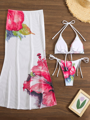 Large Floral Print Bikini Mesh Maxi Dress Three-piece Set