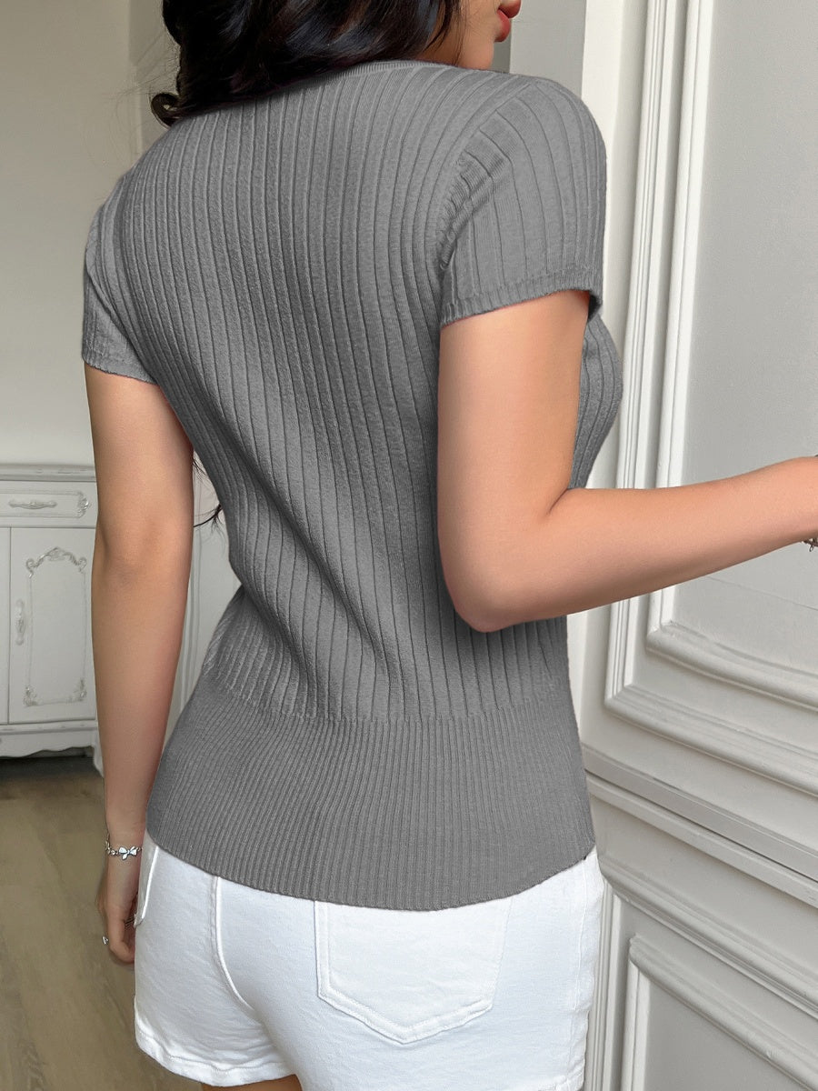 Ribbed U-button Short-sleeved T-shirt