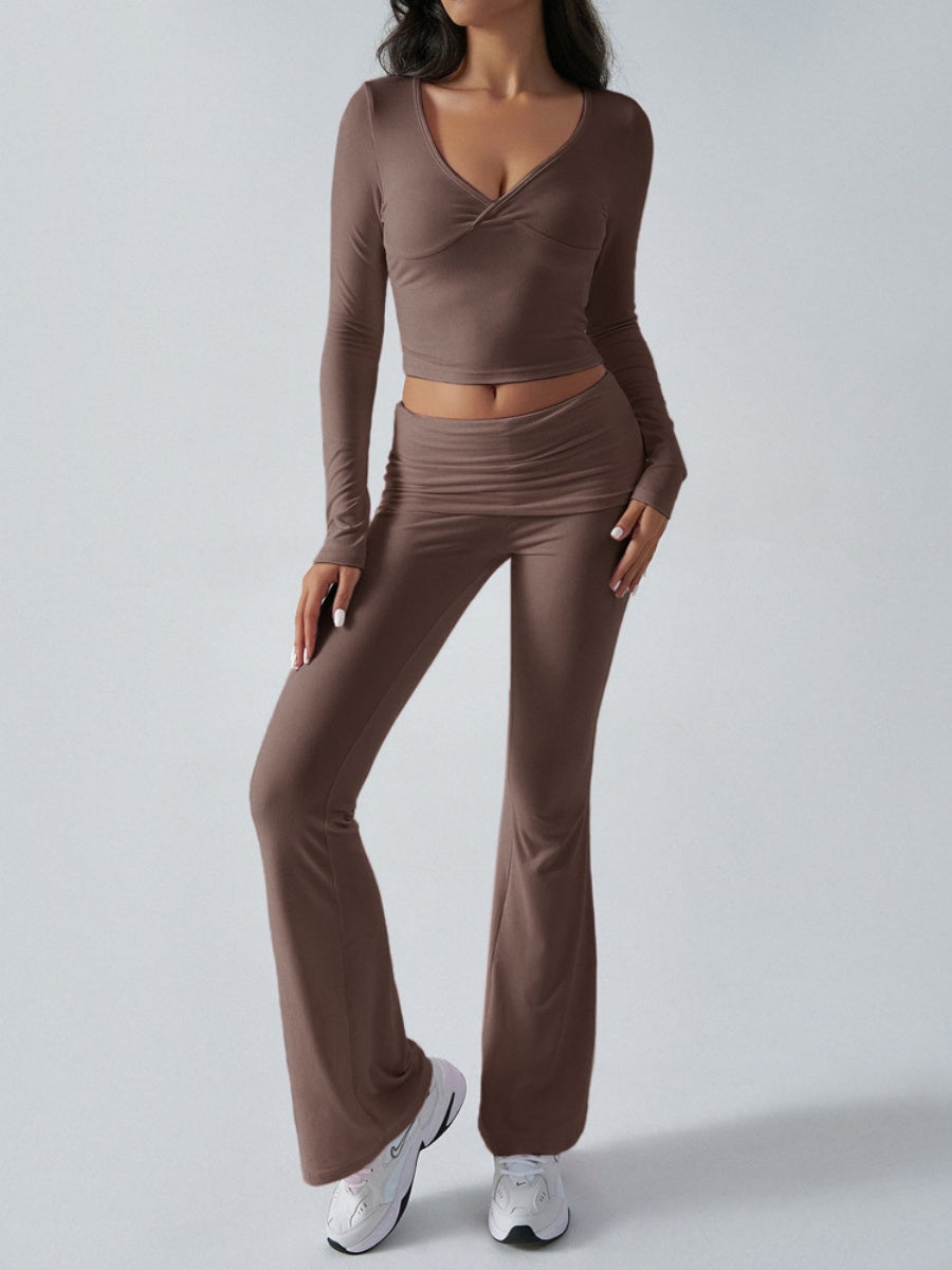 V-neck Long Sleeve Pants Pleated Navel Solid Color 2-piece Sets