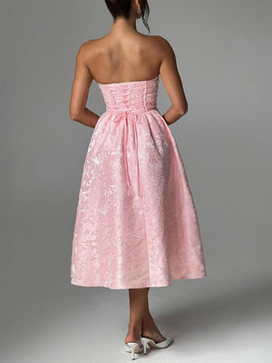 Pleating Jacquard Of Plants And Flowers Tube Top Maxi Dresses