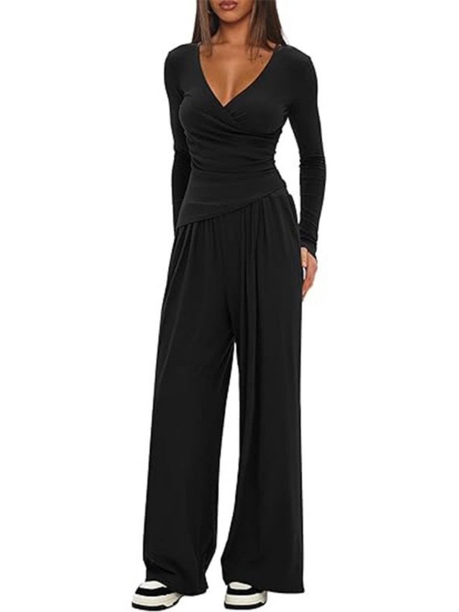 Long Sleeve V-neck T-shirt Loose-fit Wide-leg Pants Leisure 2-piece Sets