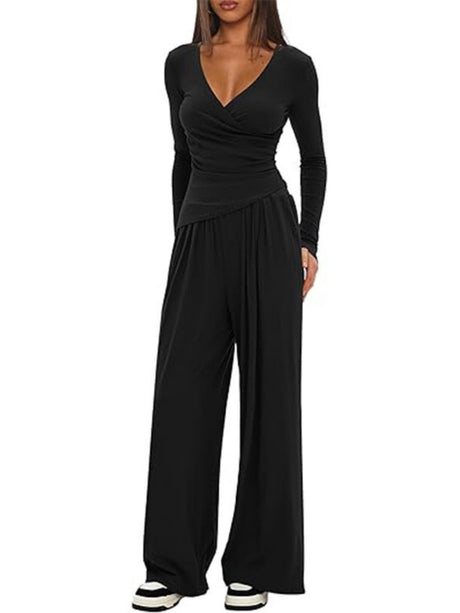 Long Sleeve V-neck T-shirt Loose-fit Wide-leg Pants Leisure 2-piece Sets