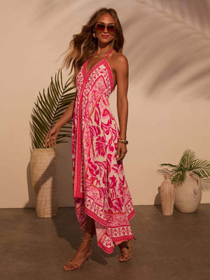 Ethnic-style Printed Off-shoulder V-neck Spaghetti Strap Long Dress