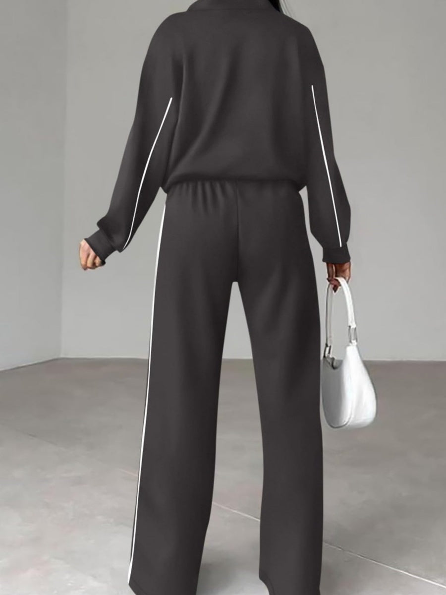 Sports Casual Suit Zipper Contrasting Colors Hoodless Cardigan Wide-leg Pants 2-piece Sets