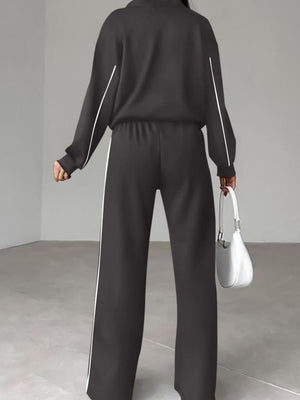 Sports Casual Suit Zipper Contrasting Colors Hoodless Cardigan Wide-leg Pants 2-piece Sets